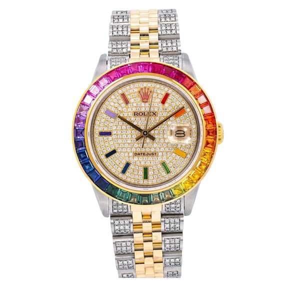 Pre-Owned Rolex Datejust 36MM 16013 Diamond Paved Rainbow Hour Dial Rainbow Gemstone Bezel Two Tone Yellow Gold Semi Diamond Jubilee Bracelet 5.25ct