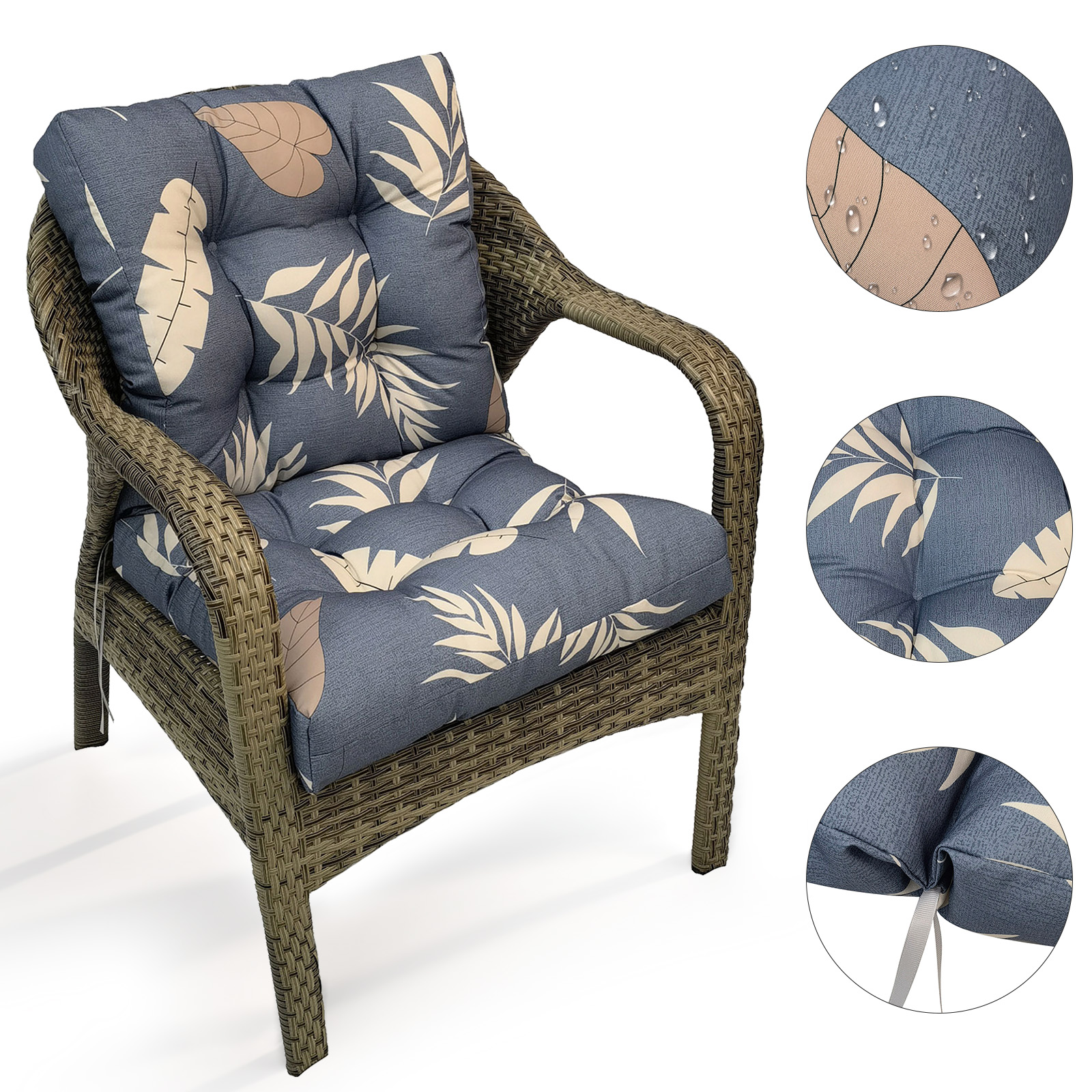 SHANNA Outdoor Chair Cushions, 2 Pack Tufted Thicken Waterproof Patio Chair Pad Wicker Chair Seat Cushion with Non-Slip Ties for Outdoor Furniture, Gray Leaves