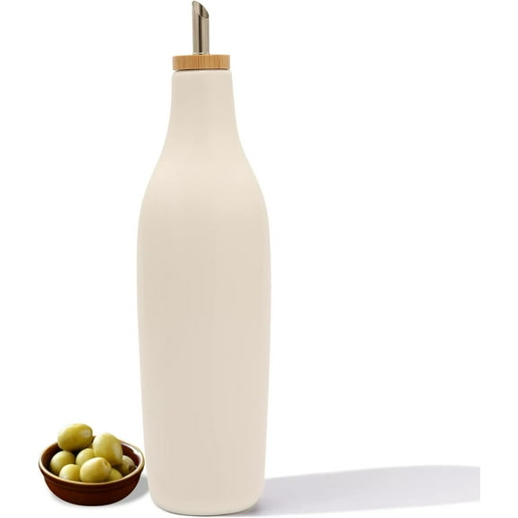 Ceramic Olive Oil Dispenser for Kitchen, Stoneware 16oz Oil and Vinegar Bottles Dispenser, Kitchen Dispenser Bottle for EVOO Vinegar Syrups, Modern Farmhouse Design(W)