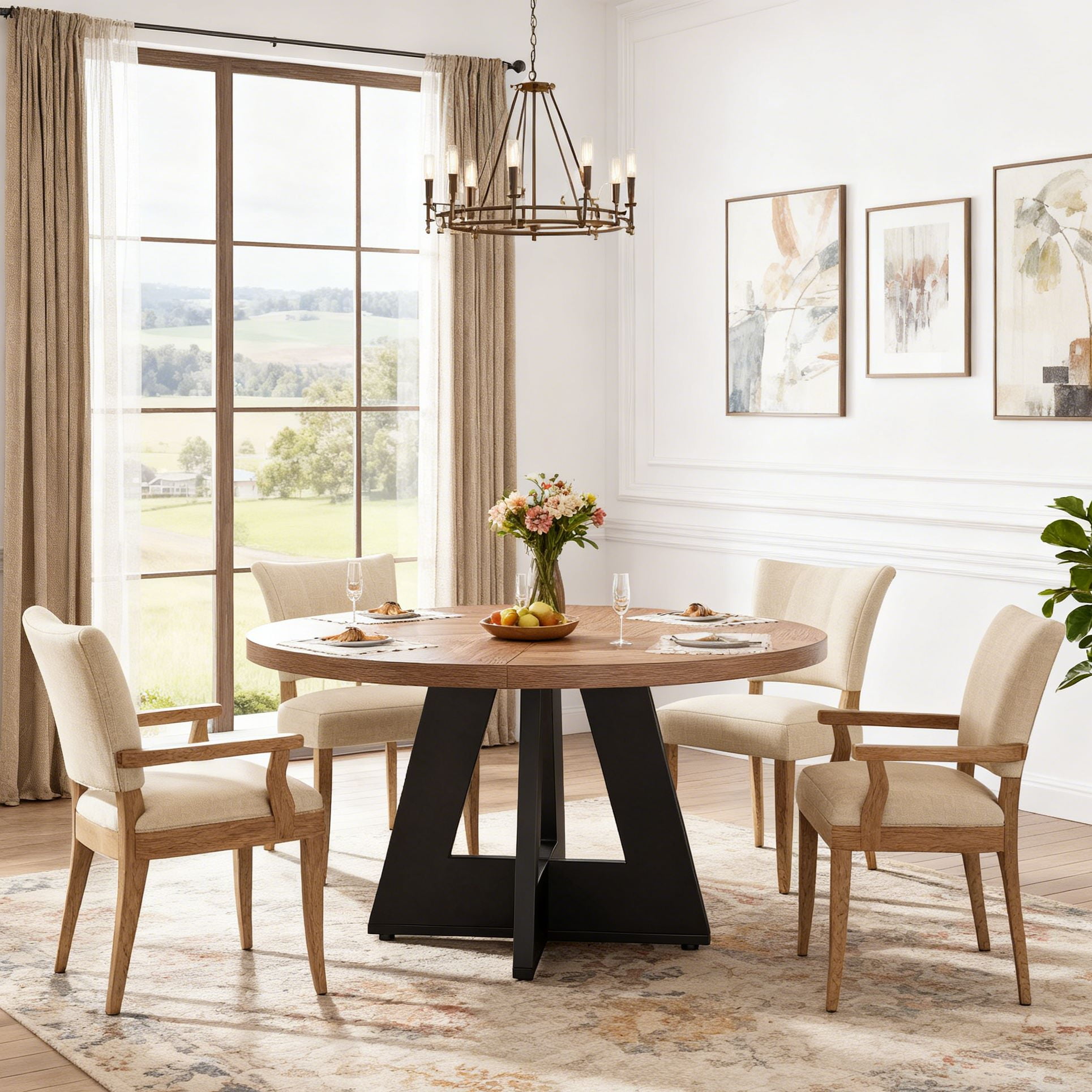 Fnova 47" Coffee Table, Round Dining Table for 4 People, Modern Farmhouse Wooden Kitchen Table, Living Room, Black Brown (Chairs Not Included)
