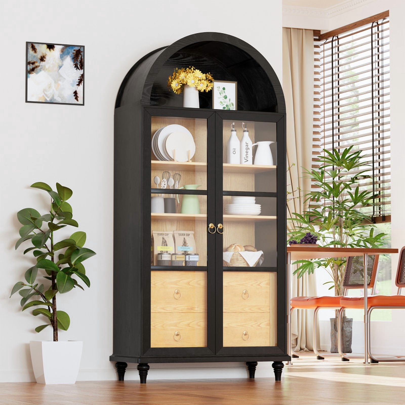 Lacoo 71'' Tall Arched Pantry Storage Cabinet with 2 Large Drawers & 3 Shelves, Display Cabinet with Glass Door for Kitchen Dining Room Living Room, Black