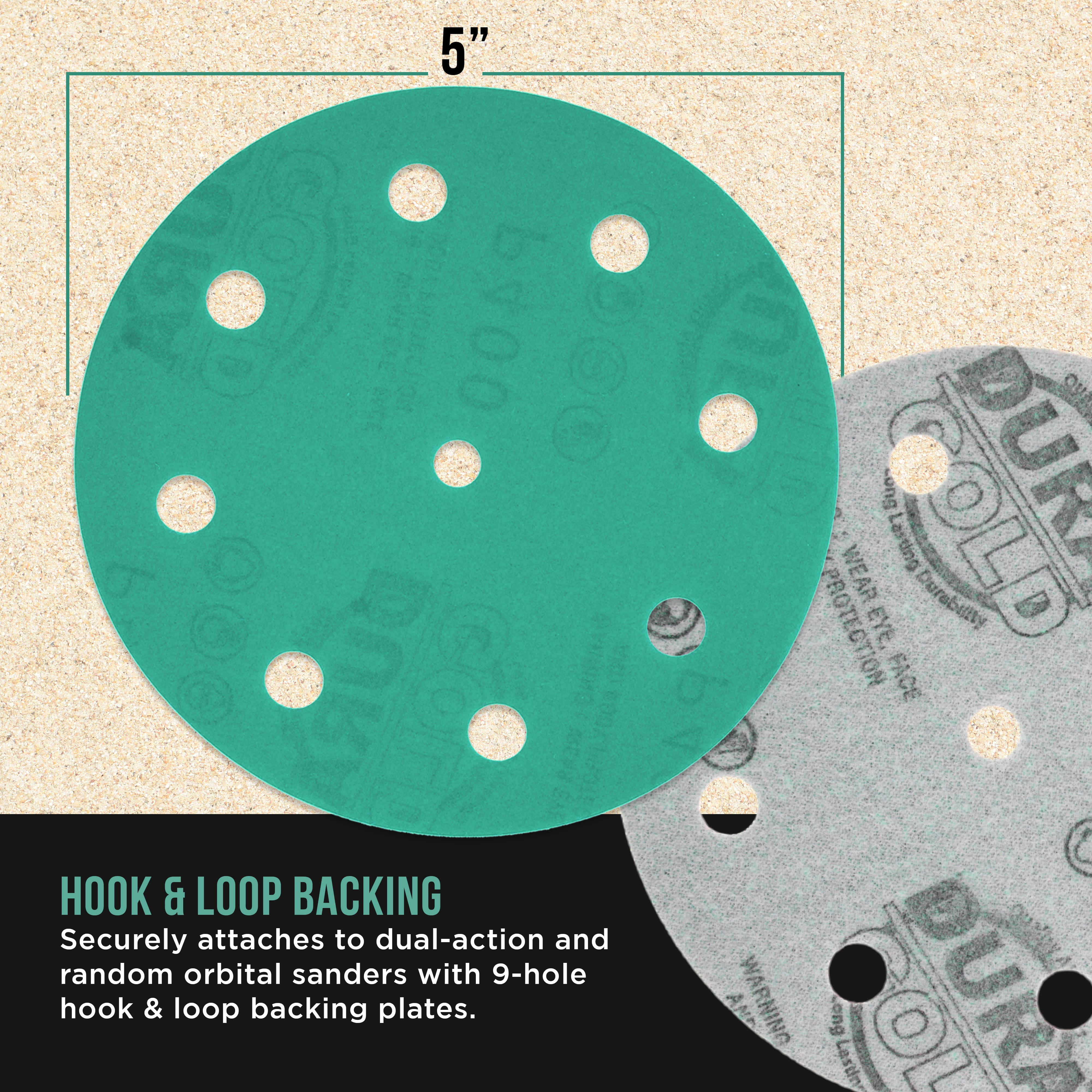 Dura-Gold Premium 400 Grit 5" Green Film Sanding Discs, 9-Hole Pattern, Box of 50 - Heavy-Duty Dustless Hook & Loop Backing Sandpaper for DA & Random Orbital Sanders, Sand Auto Paint, Wood, Furniture