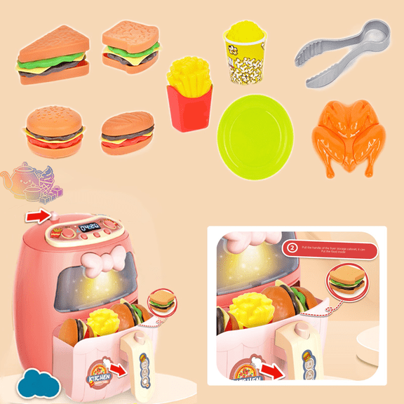 Kids Pretend Air Fryer Playset with Simulation Burger, Fries, Fried Chicken and Fast Food Accessories, Fast Food Pretend Play House Toys, Restaurant Chef Role Play Toy for Kids Ages 3 and Up