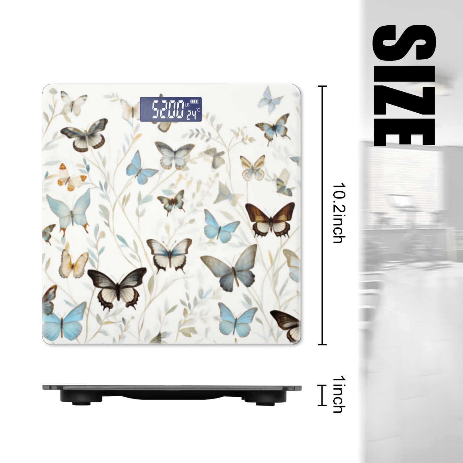 High Precision Body Weight Scale Smart Bathroom Scales with Large LCD Display(400lbs),Decorative for Bedroom-White Wallpaper With Various Blue And Brown Butterflies