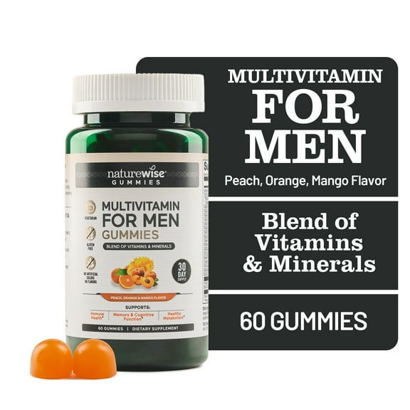 NatureWise Multivitamin for Men, Gummies Peach Mango Flavor, Adult Gummy for Immune Health with Minerals & Vitamin A, C, D, E, B6 and B12, Vegetarian, Soy-Free, Non-GMO, - 60 Count[1-Month Supply]