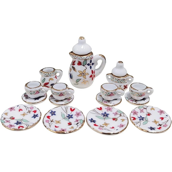 15 Pack Miniature Ceramic Doll Tea Set Dollhouse Tea Cup Set Decoration Accessories for Scale 1:12 Dollhouse Craft (Flowers)