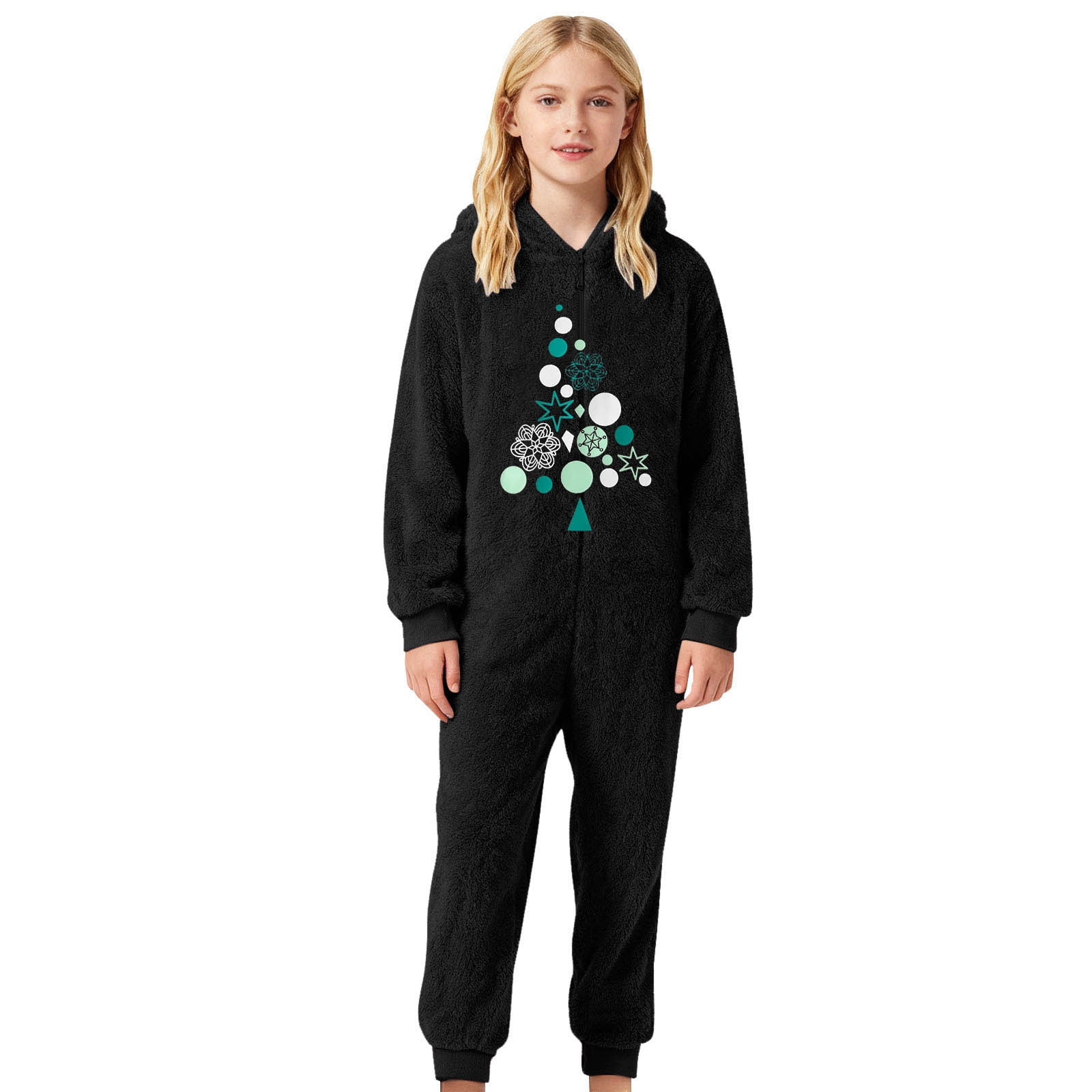 FYDUU Christmas Girls Zip Up Jumpsuits Kids Fuzzy Hooded Rompers Soft Cozy Onesie Pajamas One-Piece Warm Winter Clothes Baby Xmas Clothes 7-8 Years