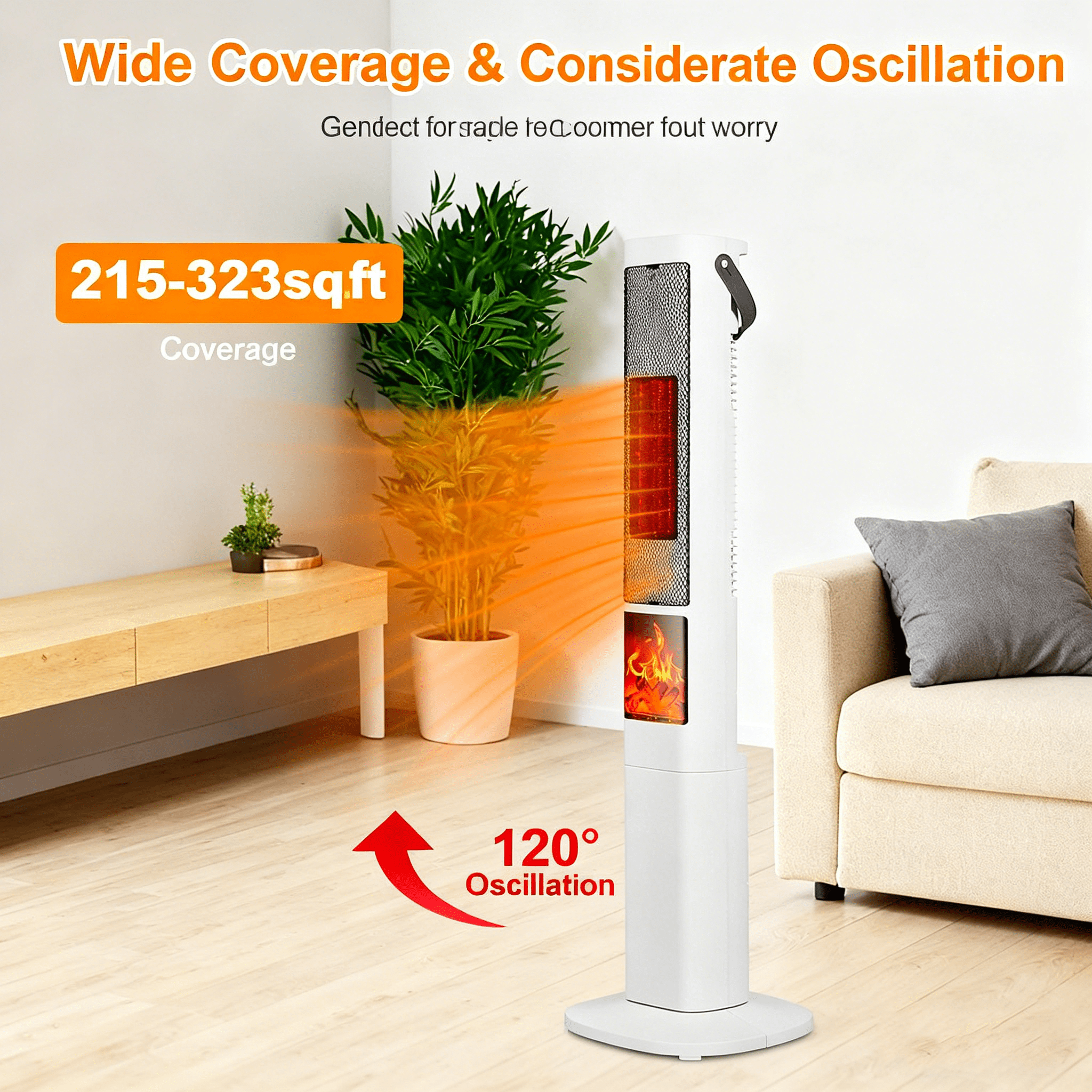 1500W Oscillating Tower Space Heater with 3D Flame, 120° Wide-Angle 323 Sq.Ft Heater Fan with Remote & 12H Timer, Overheat/Tip-Over Protection Portable Heater for Home Bedroom Office - White