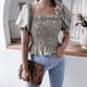thumbnail image 2 of Blusa con volantes de verano de tela de poliéster resistente a las arrugas con manga abullonada y cuello cuadrado para mujer Verde XL, 2 of 6