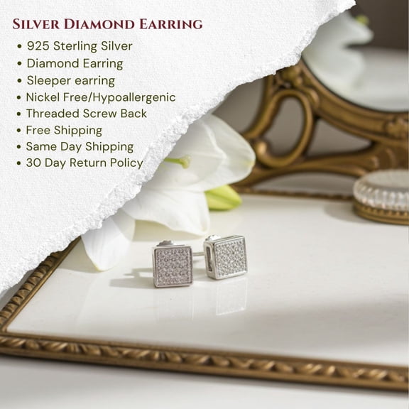 King of Bling's 0.10ct Micro Pave 925 White Silver Diamond Square Earring For Men's & Women's