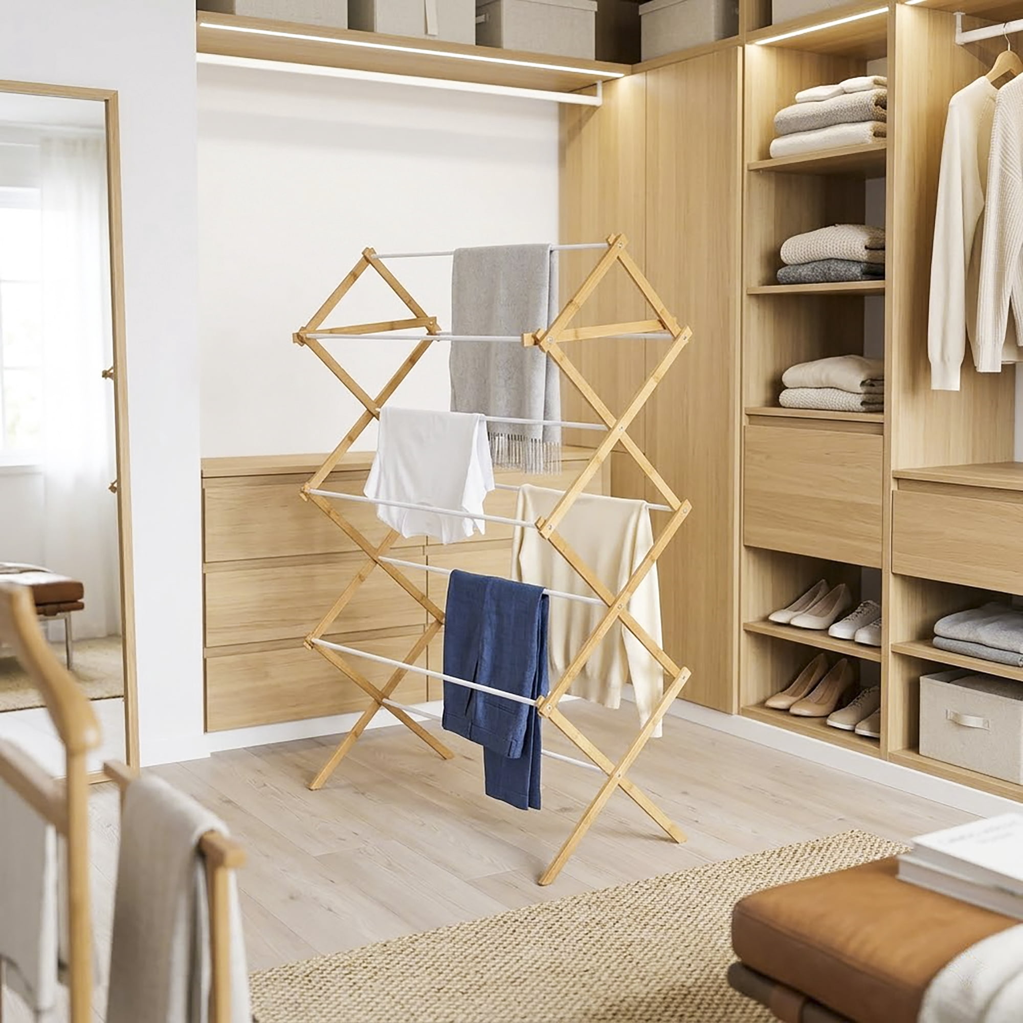 Mainstays Bamboo Laundry Drying Rack, 7-Level Space-Saving Collapsible Design