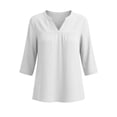 thumbnail image 5 of Htigea Women's 3/4 Sleeve Cotton Linen T Shirts Solid Color V-Neck Front Pleated Tees Summer Casual Daily Tops White S, 5 of 6
