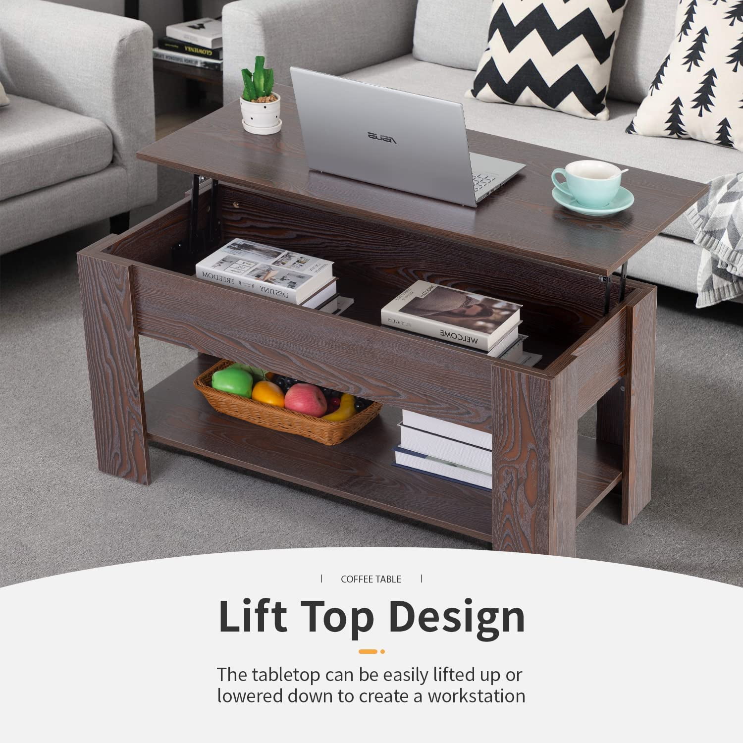 FDW Lift Top Wooden Coffee Table with Hidden Compartment, Espresso