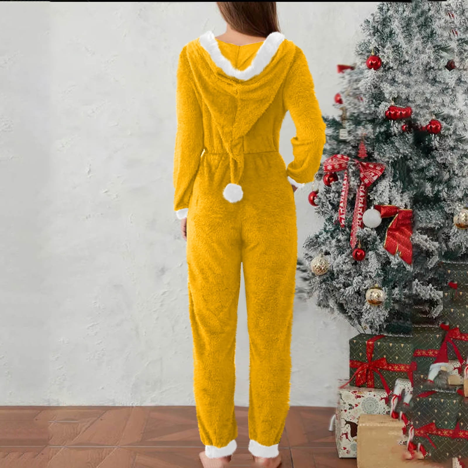 yoeyez Adult Onesie Pjs for Women Sherpa Jumpsuit Long Sleeve Fuzzy Pajamas Santa Hooded Winter Rompers Sleepwear