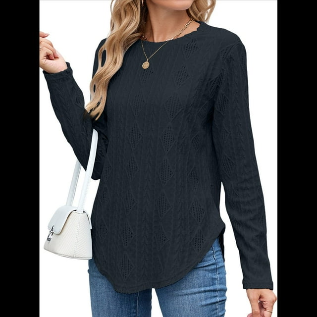 Camiseta Informal de Larga para Mujer, con Cuello Redondo, Dobladillo Curvo y Botones en la Espalda, Estilo Moderno y Holgado. Negro S