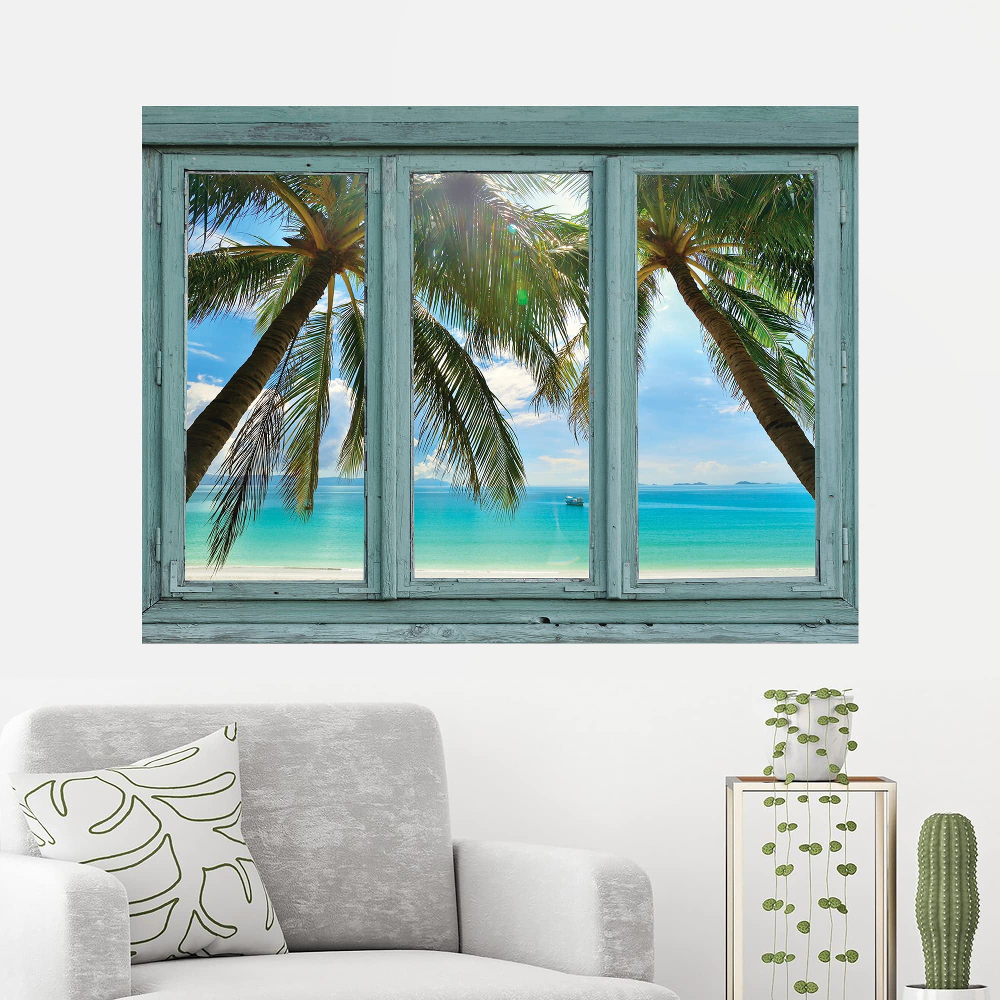 wall26 - Crystal Blue Waters Framed by Palm Trees on a Perfect White Sand Beach - Wall Mural, Removable Sticker, Home Decor - 24x32 inches