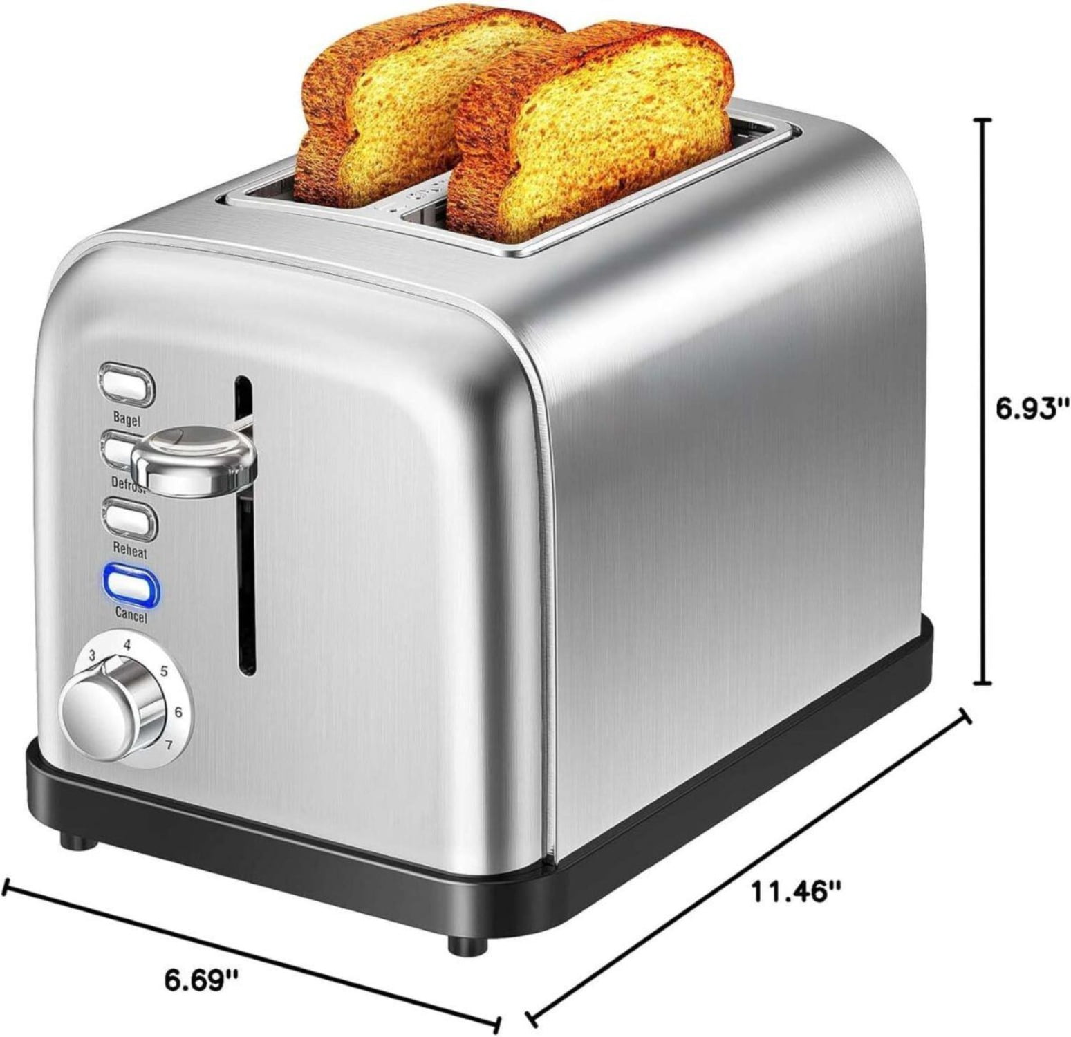 2 Slice Extra Wide Slot Toaster Brushed Stainless Steel 7 Shade Settings 900W with Bagel Defrost Functions
