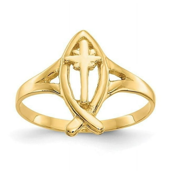 Primal Gold 10 Karat Yellow Gold High Polished Ichthus with Cross Ring