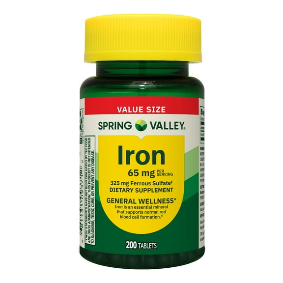 Spring Valley General Health & Wellness Iron Tablets Dietary Supplement Value Size, 65 mg, 200 Count