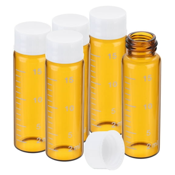 Uxcell Small Glass Sample Bottles with Lids, 5 pcs 15ml Amber Glass Vials with White Screw Caps Mini Leak Proof Reagent Sealed Bottles with Scale for Solid Liquid Powder Storage