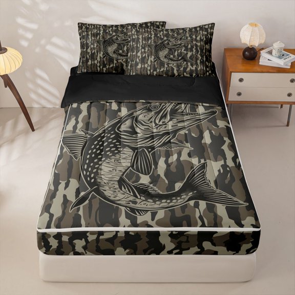 Homewish Bass Fish Kids Zipper Full Size Comforter Sets with Fitted Sheet and 2 Pillowcases, Rustic Camo Zipper Bedding Set, Black Reversible, 4 Pieces