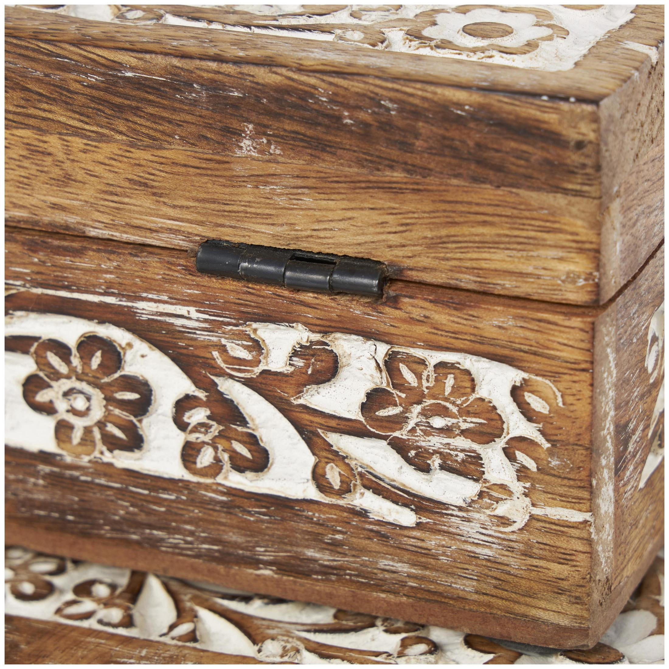 DecMode Coastal Carved Flower Wooden Decorative Box with Natural Brown Finish, Set of 3 8" , 10", 12"H
