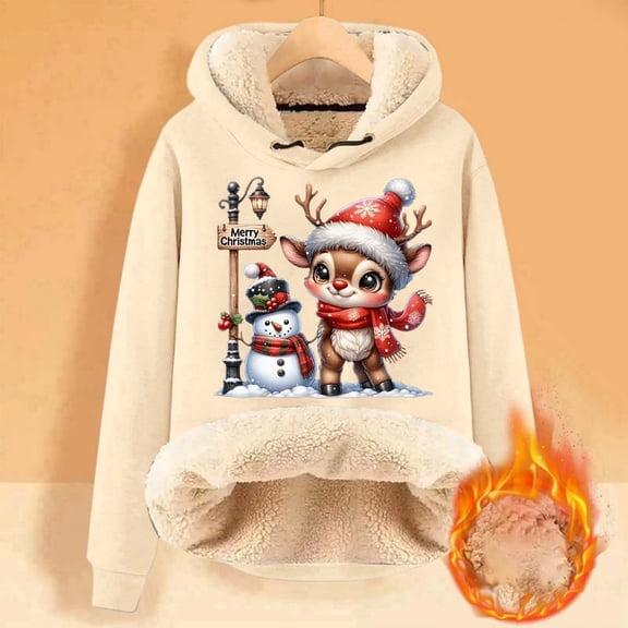 Womens Christmas Sweatshirt Christmas Cute Deer Print Women'S Fall Winter Velvet Thickened Warm Cardigan Hooded Hoody Hoodies for Women Beige L