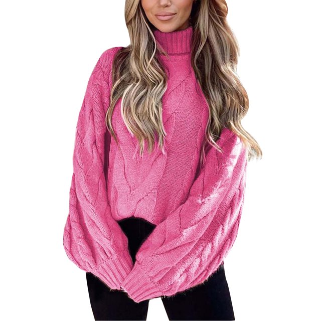 Gibobby Suéter de Cuello Alto para Mujer, Suéter de Manga Larga con Cuello Alto y Tachuelas Suéter para Mujer, casual, ropa cálida de moda(Rosa caliente,CH)