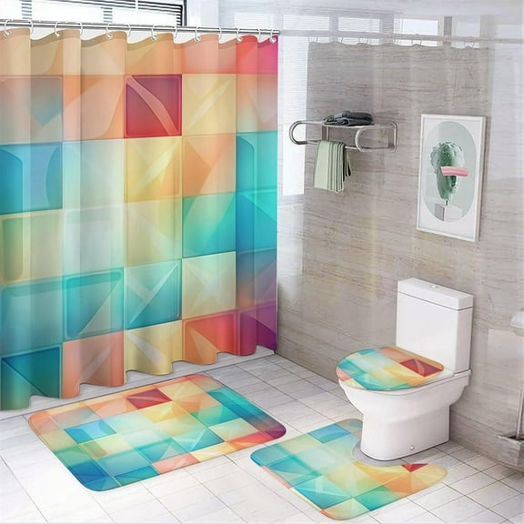 Bathroom Set with Shower Curtain Sets and Rug, Pink Hibiscus Flowers Green Palm Leaves Pattern Printed on Bathroom Curtain Sets with Rugs, Suitable for Small Bathroom Gym Guest Bath, 72 x 72 inches