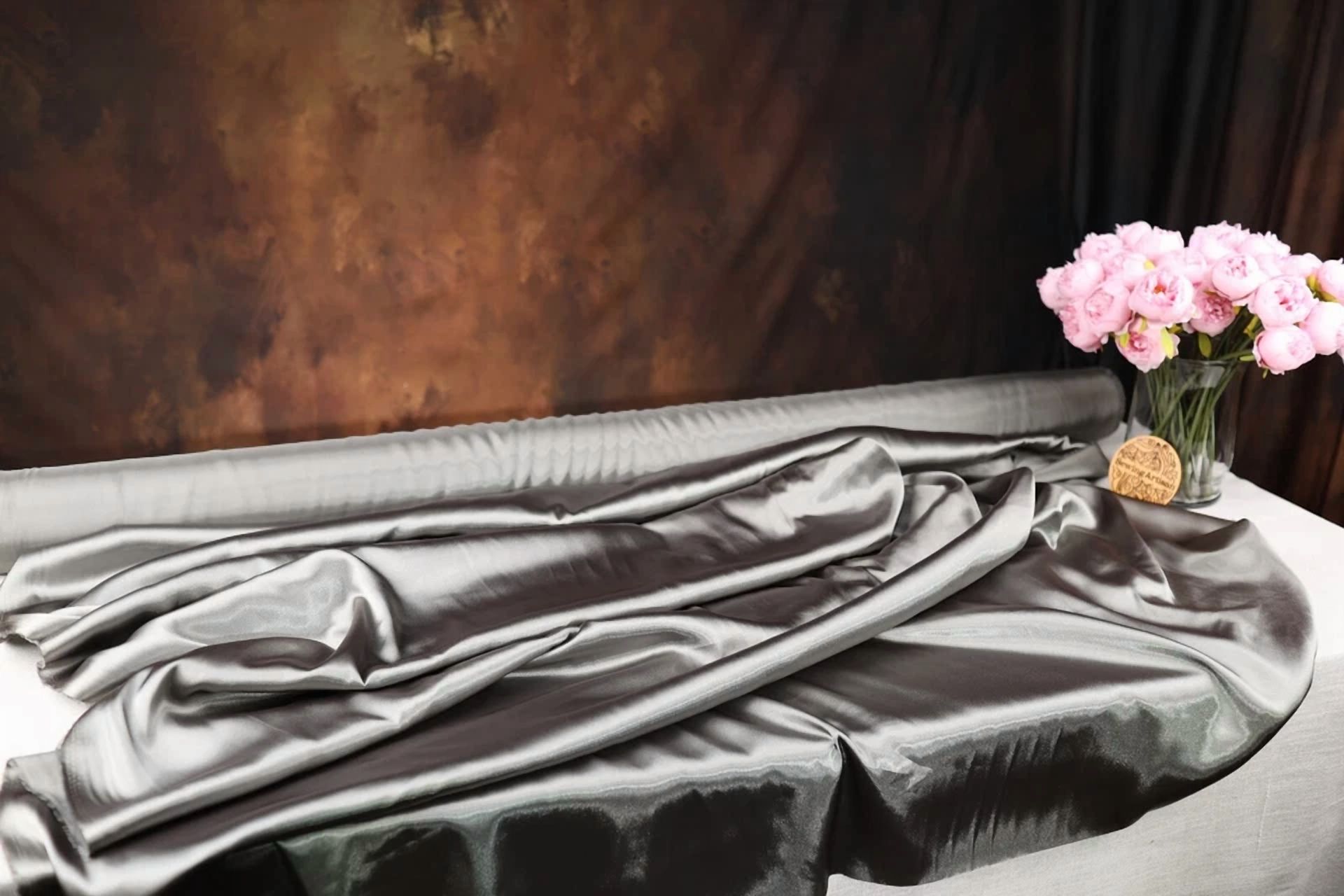 BUTTERFLY- Charcoal Satin Charmeuse Fabric By The Yard 49