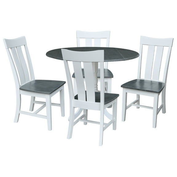 42" Solid Wood Dual Drop Leaf Pedestal Dining Table with 4 Slat Back Chairs in White/Heather Gray by International Concepts