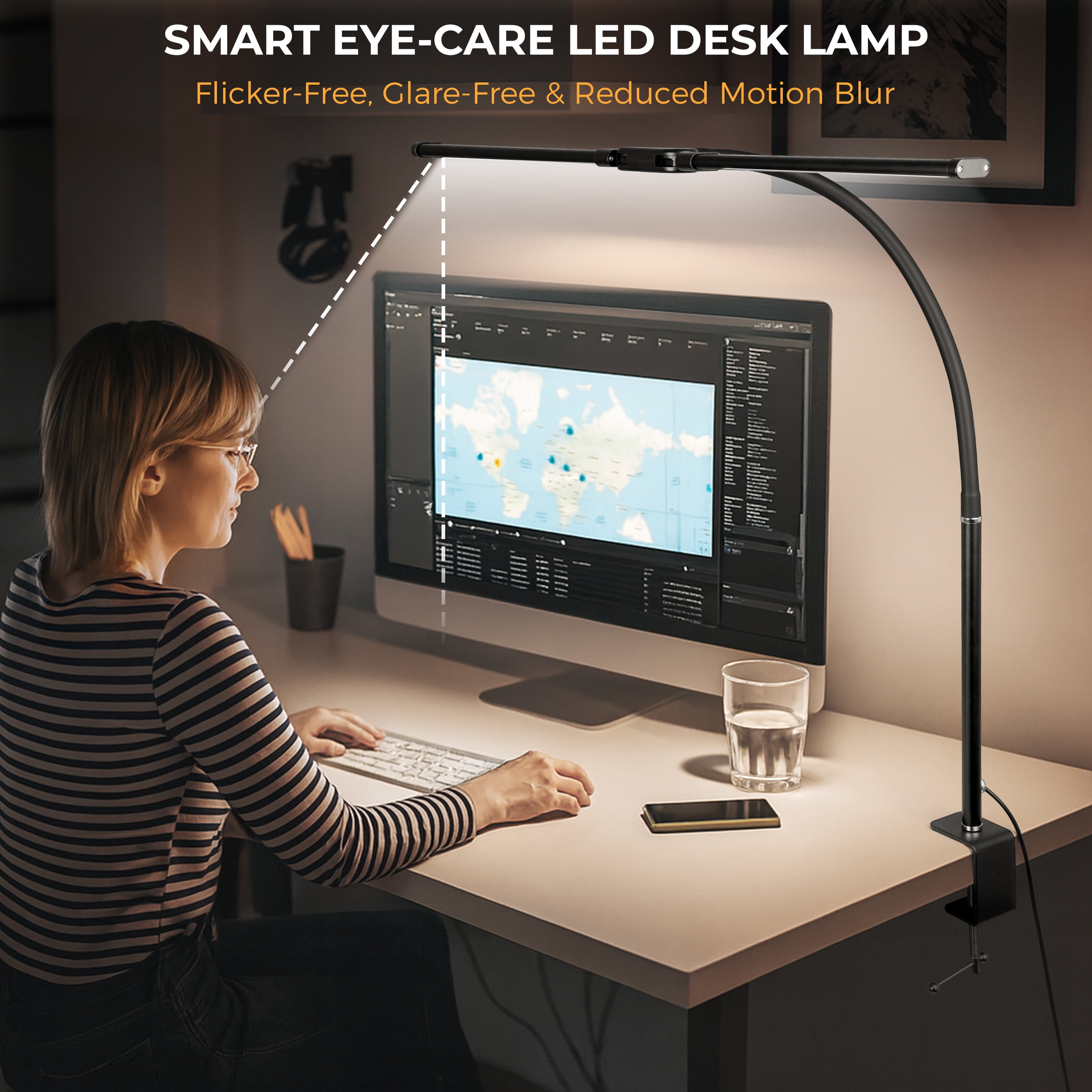Coliware LED Desk Lamp for Office Home, Eye Caring Architect Lamp with Clamp Flexible Gooseneck, Double Head Computer Monitor Table Light with 3 Lighting Modes, Adjustable Work Study Accessories