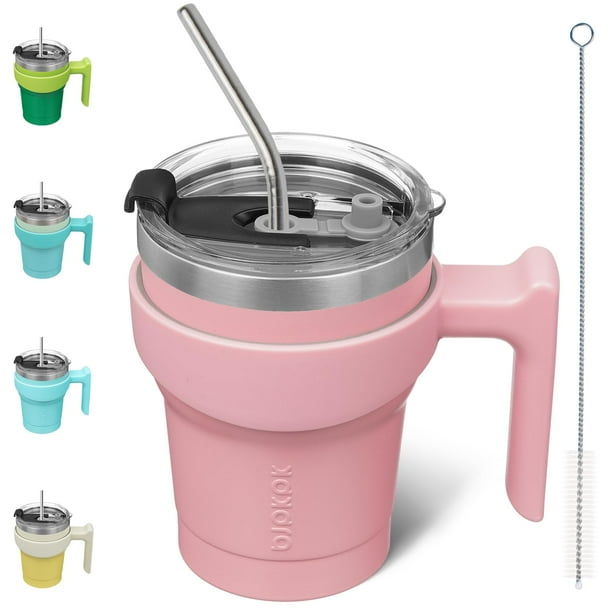 BJPKPK Vaso con asa de 10 oz, Vasos aislados con Tapa y Pajita, Tazas de Viaje Reutilizables de Doble Pared de Acero Inoxidable, Rosa Claro
