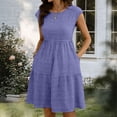 thumbnail image 6 of qolati Women Summer Dresses Crew Neck Cap Sleeve Midi Dresses Casual Ruffle Tiered Smocked Elastic Waist Flowy Sundress Beach Vacation Clothes with Pockets Purple XL, 6 of 8