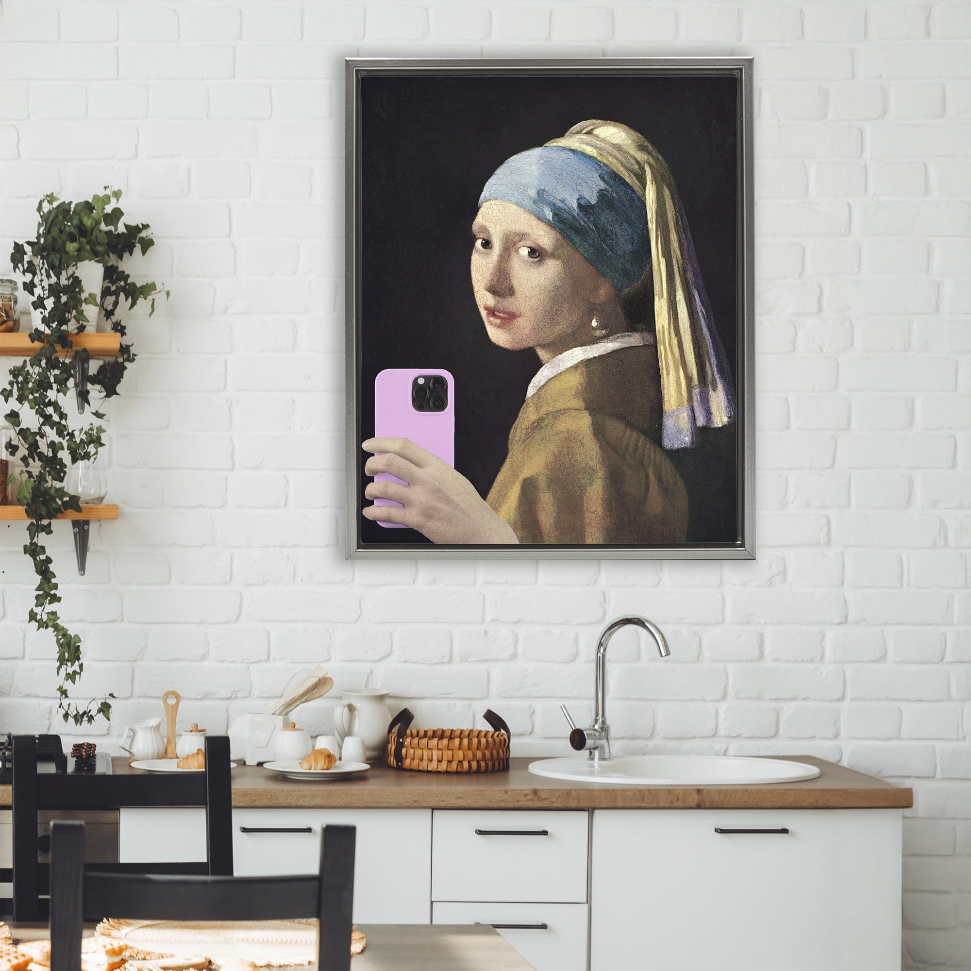 Girl With Pink Phone Funny Gray Framed Floater Canvas Wall Art, design by Masters Redux