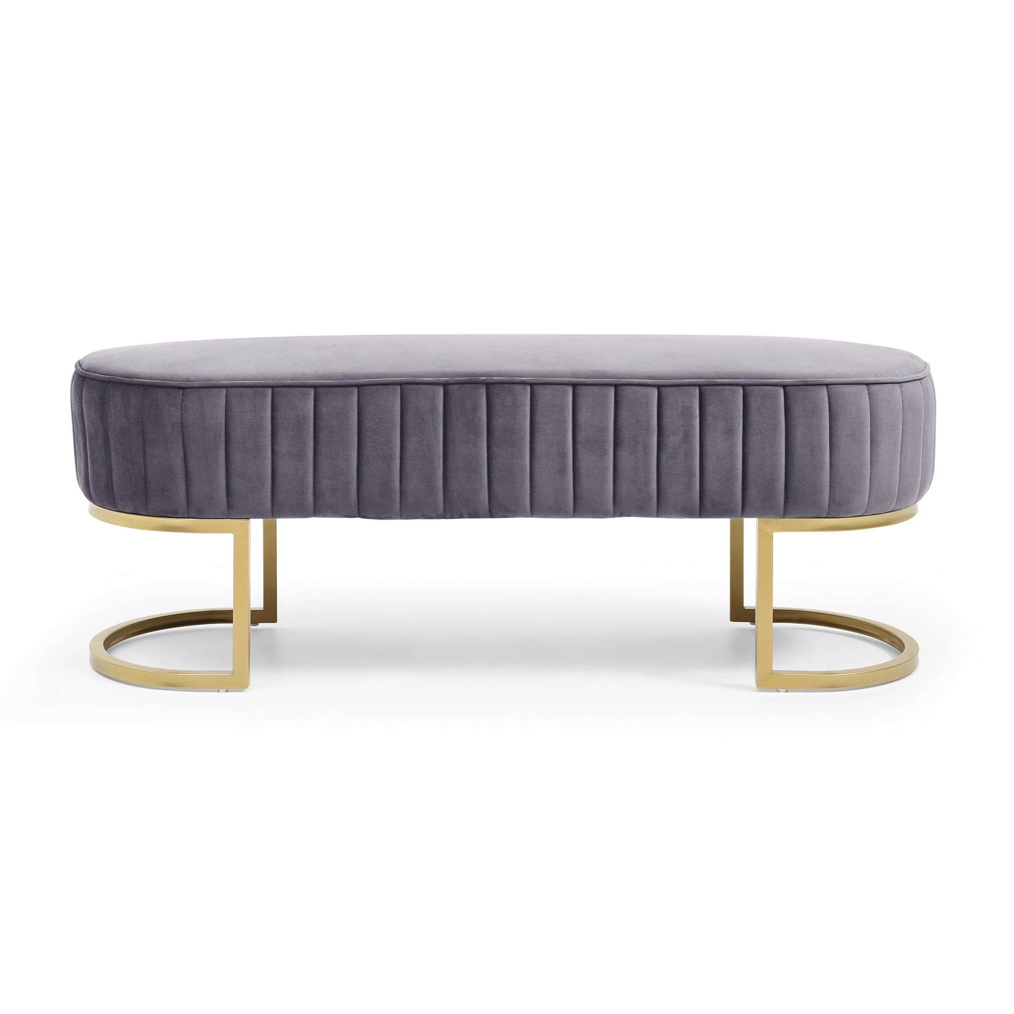 Miniyam Bench Bedroom Bench,Velvet Oval Upholstered End of Bed Bench with Golden Metal Legs,Gray