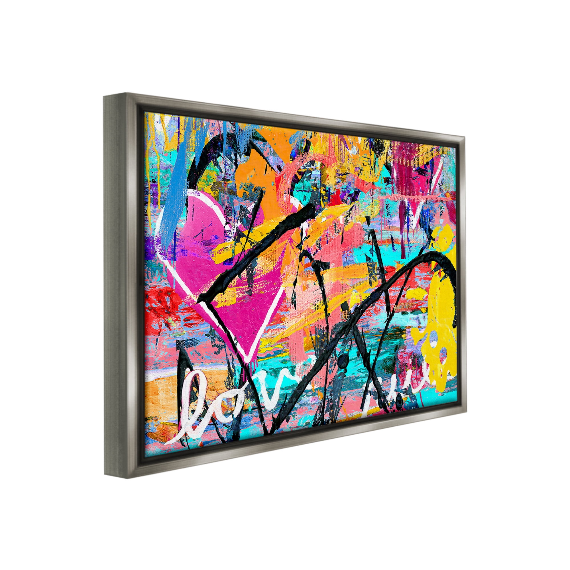 Stupell Industries Vivid Love Graffiti Collage Abstract Painting Gray Floater Framed Canvas Art Print Wall Art, 31 x 25