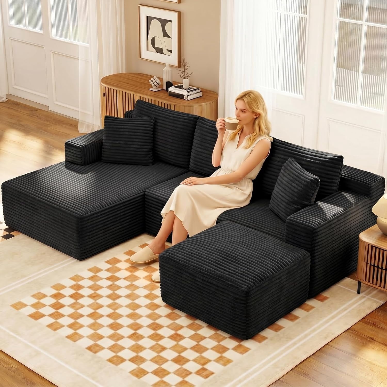 MOONMISS Small Modular Sectional Sofa with Movable Chaise and Ottoman,U-Shaped Boneless Cloud Couch for Living Room Apartment,Black(Left Facing Chaise)
