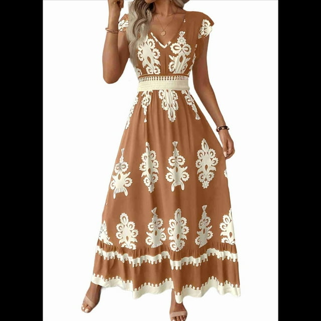 Vestidos de Verano para Mujer 2025, Vestidos Casuales con Mangas con Volantes, Vestidos de Playa Bohemios, Color Camello L