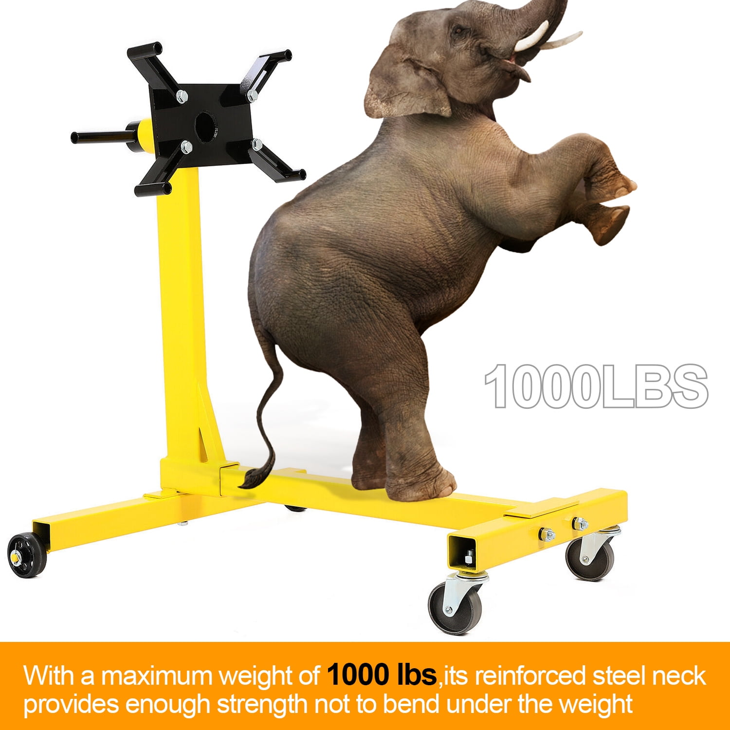 Kojem Rotating Engine Stand 1000 LBS Auto Truck Motor Hoist Dolly Mover Jack with Caster Wheels 360 Degree Rotating Head Caster Wheels Adjustable Arms Auto Repair Rebuild Jack - Yellow Finish