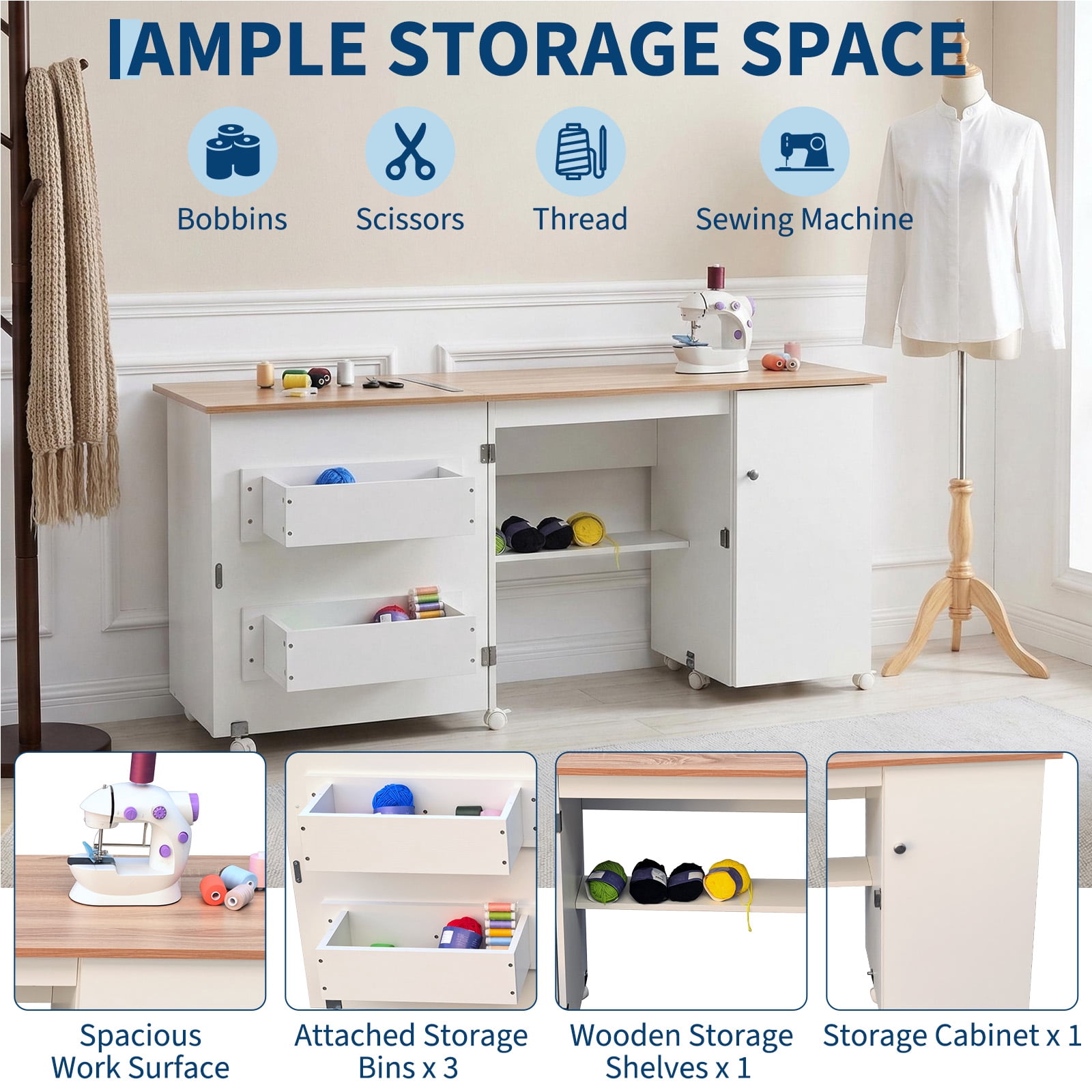 Gaderth Folding Sewing Table, Multipurpose Portable Craft Station & Side Desk with Caster Wheels, Storage Shelves, 2 Storage Trays, Magnetic Doors