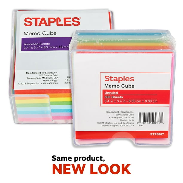 Staples Memo Cube Memo Pad 3.4" x 3.4" Unruled Assorted Colors 500 Sh