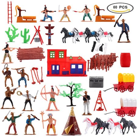 60 pcs Military Playset Plastic Toy Soldiers Army Men Figures & Accessories Action Figurine for Kid |Wild West Cowboys and Indians Toy