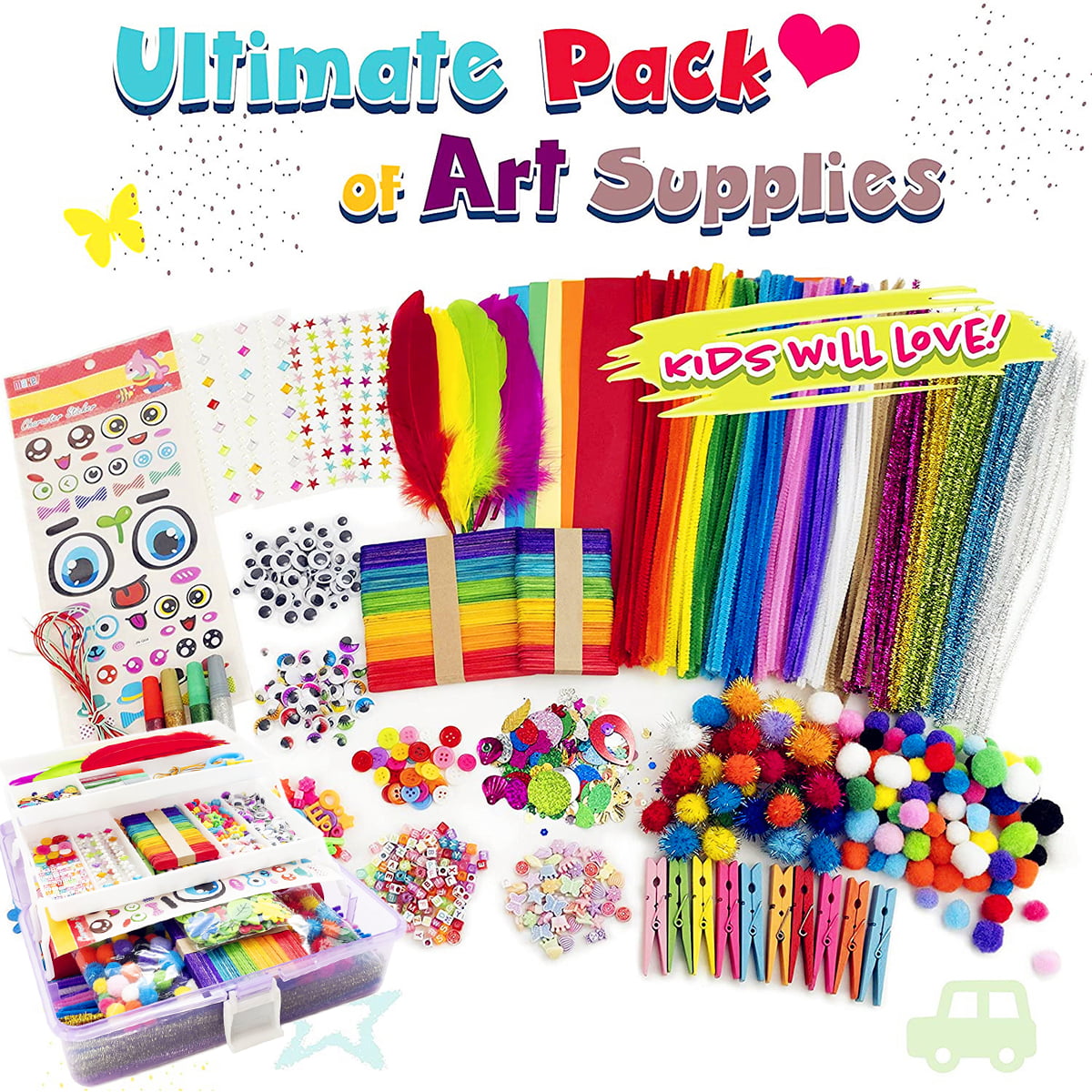 1405 Pcs Art and Craft Supplies for Kids, Toddler DIY Craft Art Supply Set  Included Pipe Cleaners, Pom Poms, Feather, Folding Storage Box - All in One