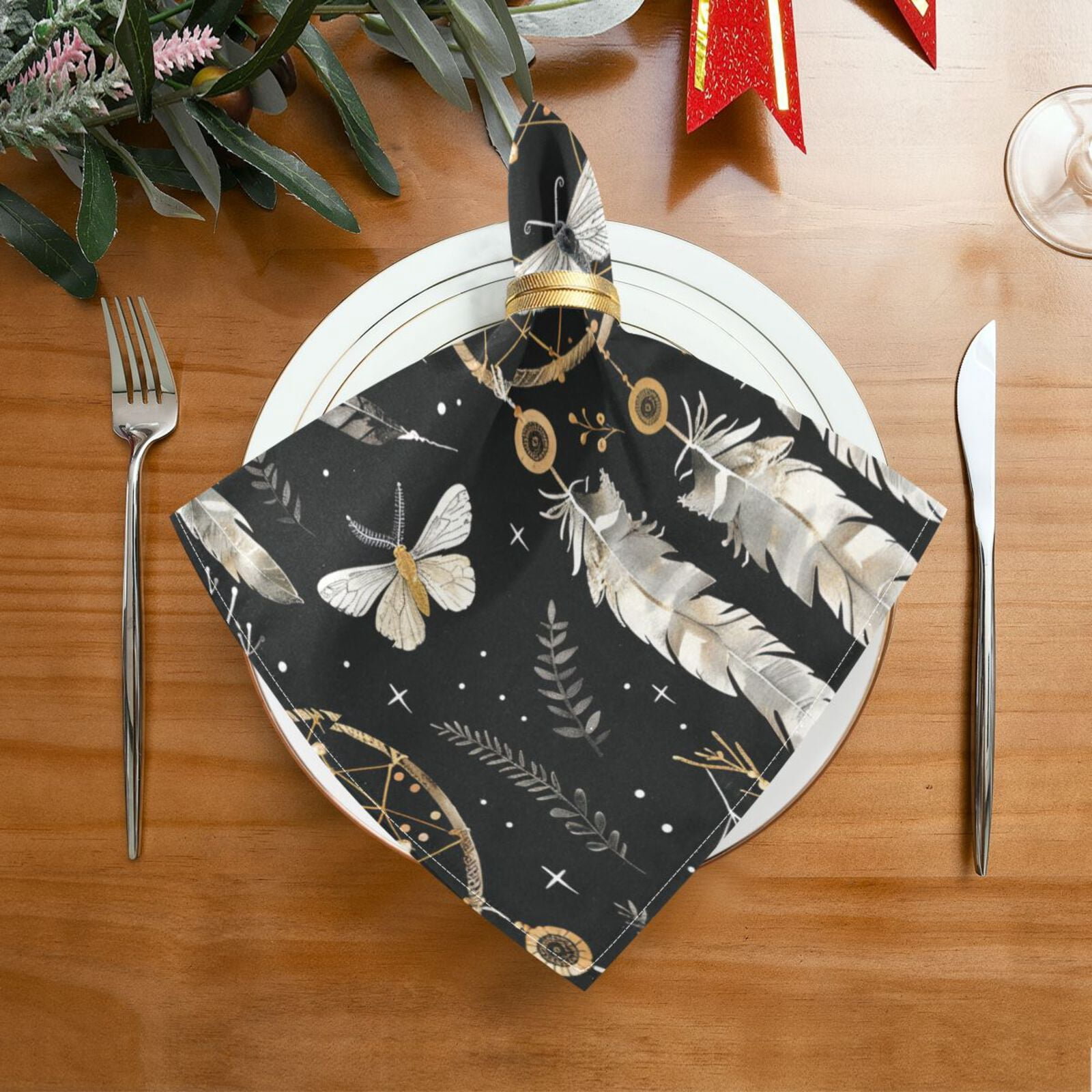 JSTEL Butterfly Dream Catcher Cloth Napkins Set of 6, 20x20 Inch Washable and Reusable Napkin for Decoupage Dinner Party Everyday Use