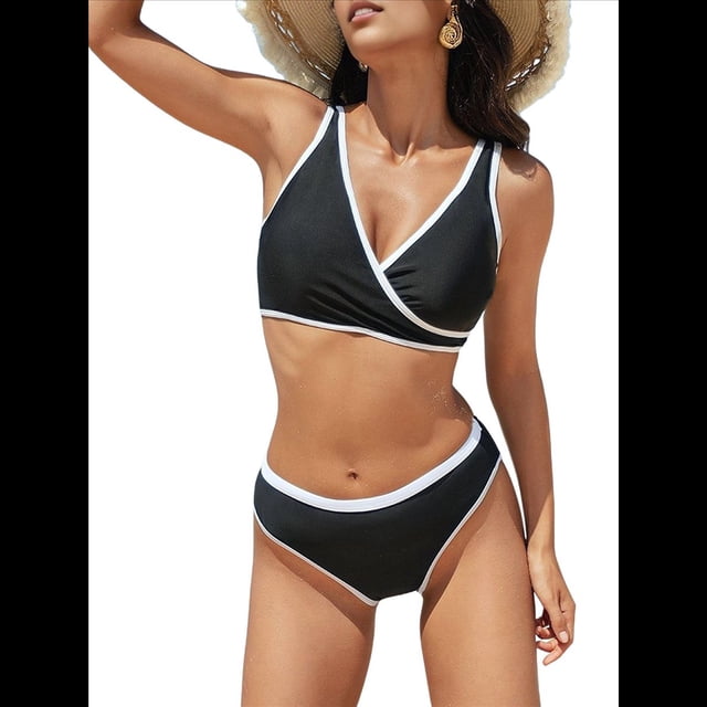 Traje de Baño Deportivo de Dos Piezas con Tirantes Anchos y Escote en V para Mujer. y Negro M