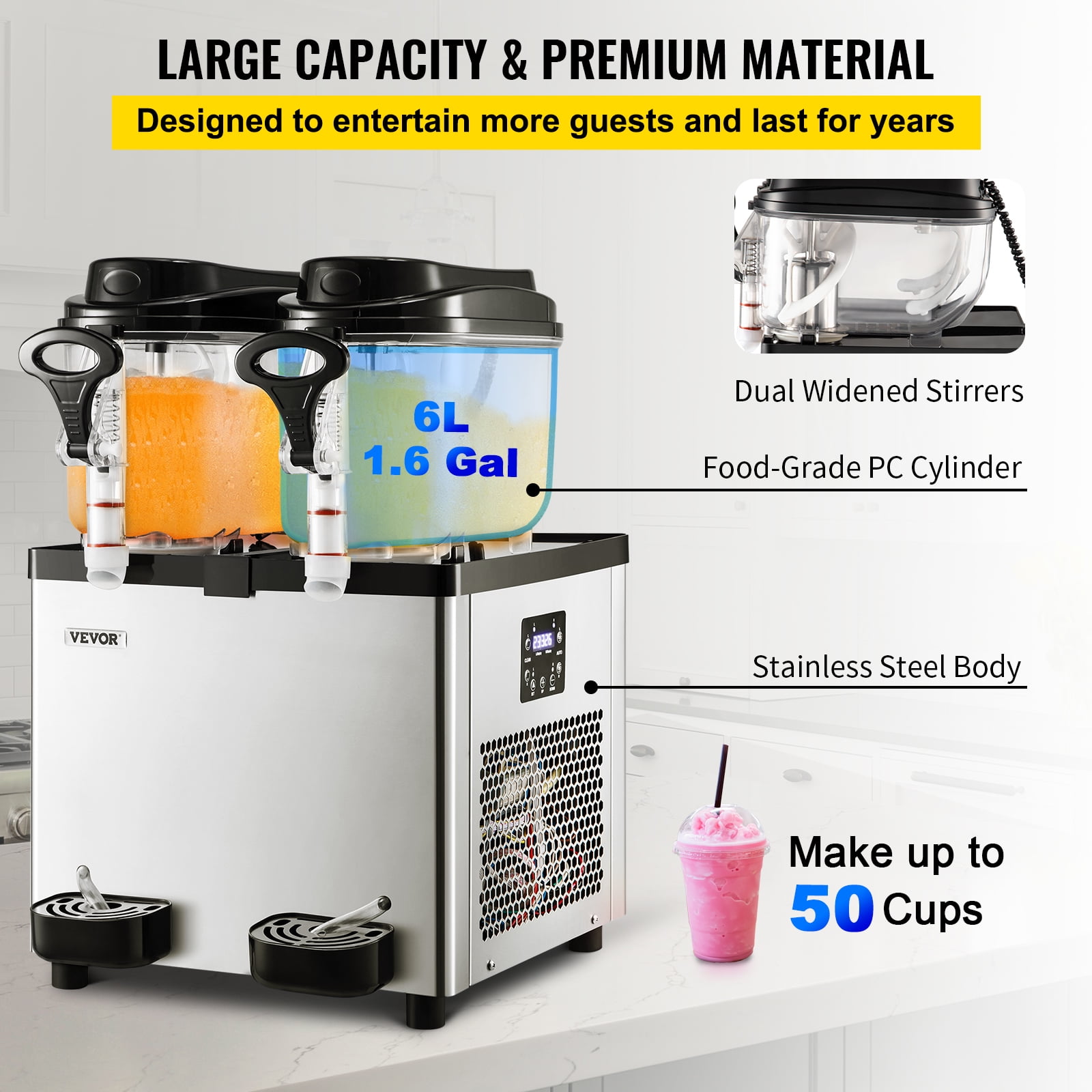 VEVOR Commercial Slushy Machine, 6 L x 2 Tanks 50 Cups Margarita Machine, 700W 110V Stainless Steel Smoothie Frozen Drink Maker, Perfect for Supermarkets Cafes