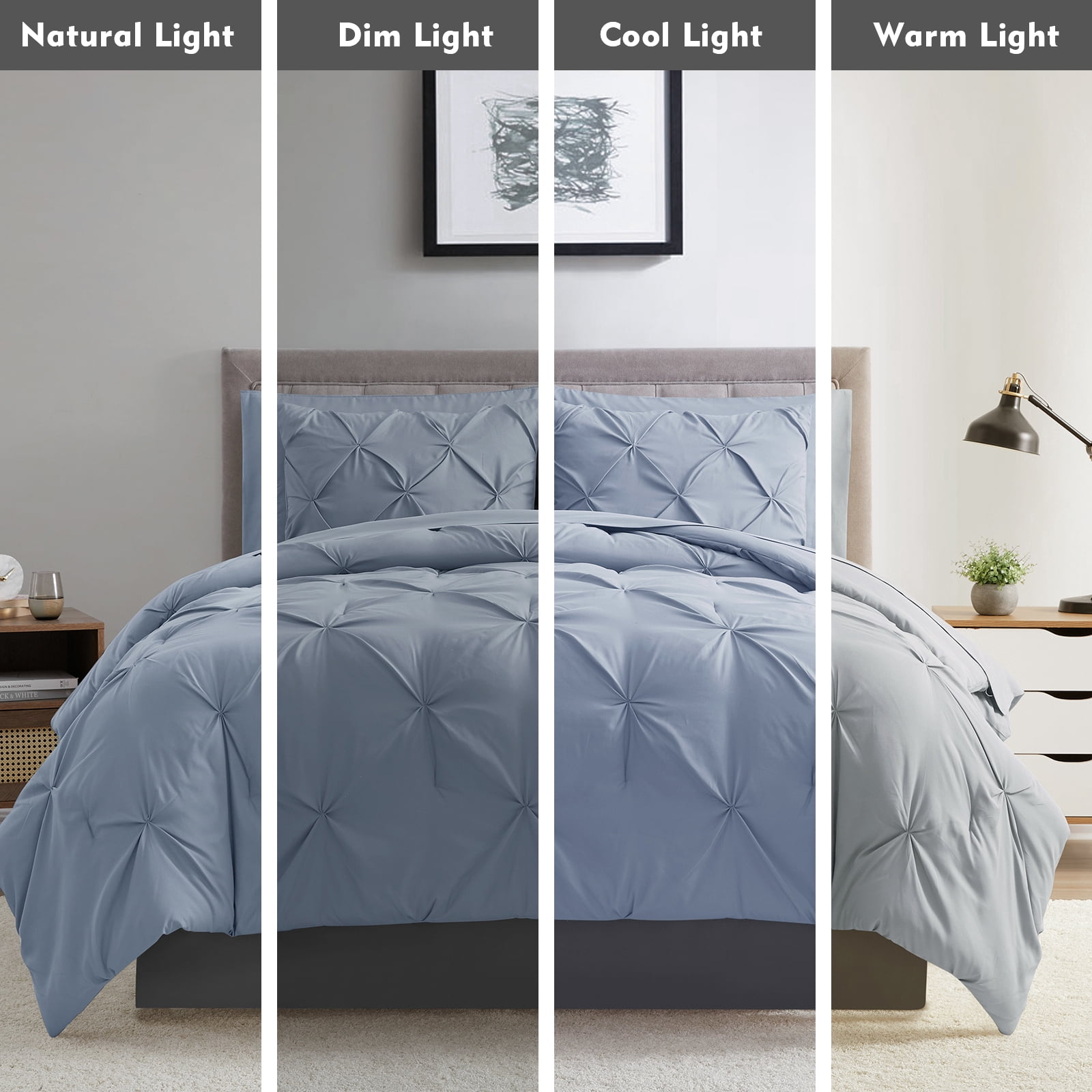 Bourina 3-Piece King Size Comforter Set, Pleated Wrinkle-Resistant Microfiber Bedding, Blue,All-Season