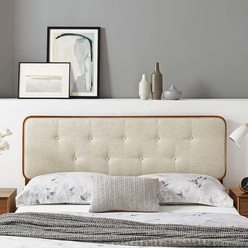 Modway Collins Tufted Twin Fabric and Wood Headboard in Walnut/Beige