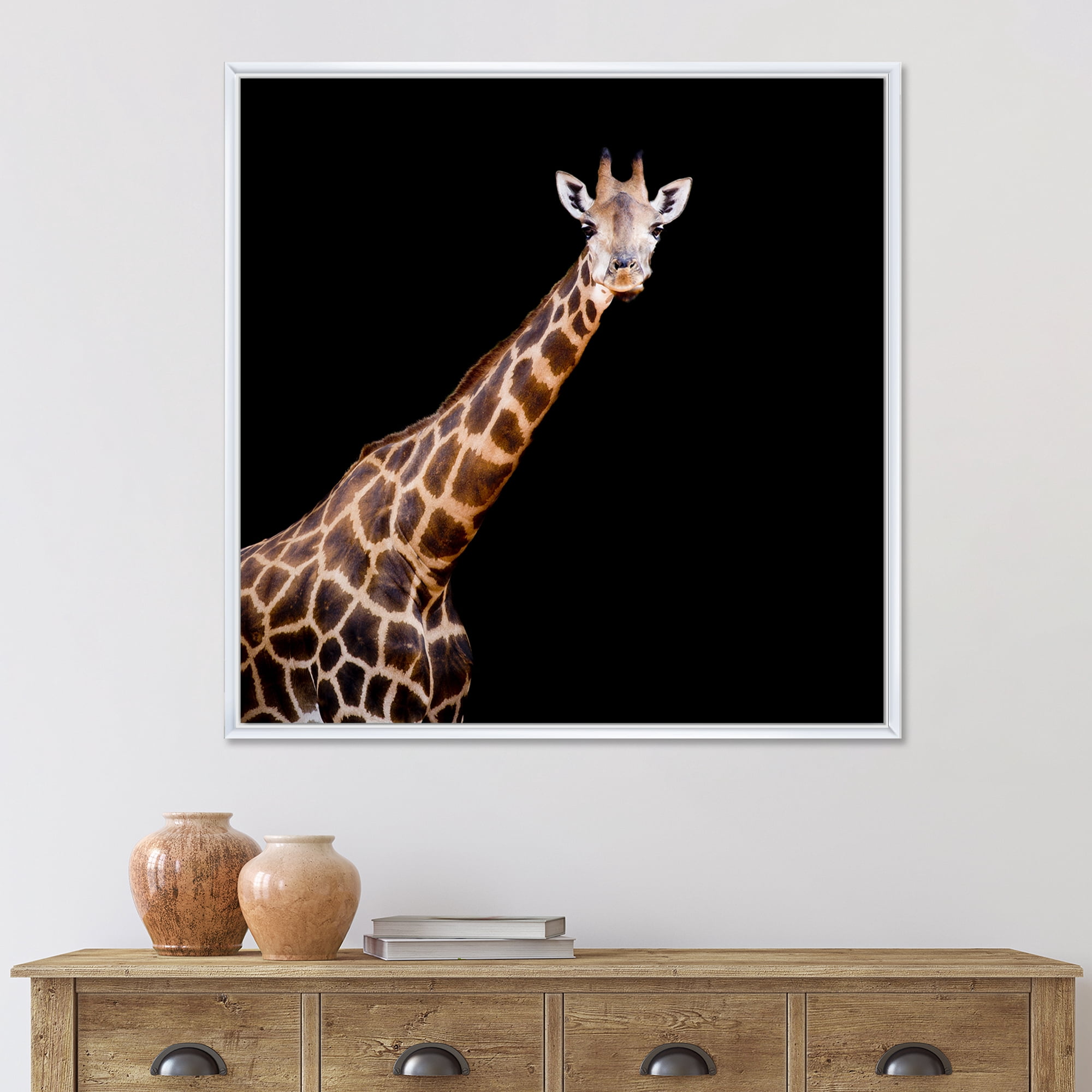 Portrait of A Giraffe On Black Background III 30 in x 30 in Framed Photography Canvas Art Print, by Designart